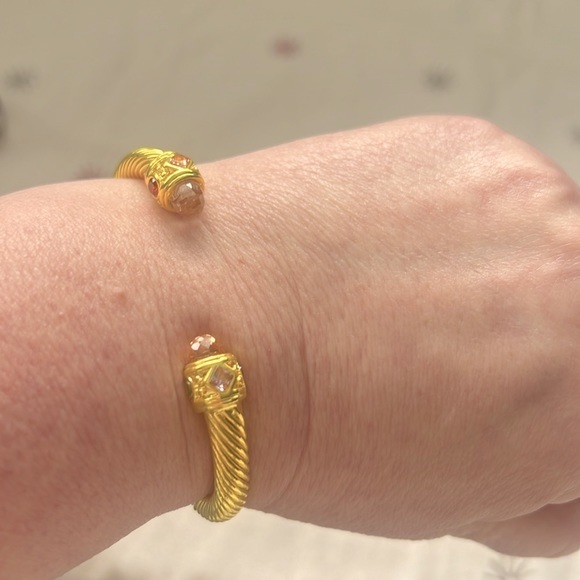 Yellow Twisted Cable Bangle Cuff Bracelet with Crystal Ends - Picture 5 of 7